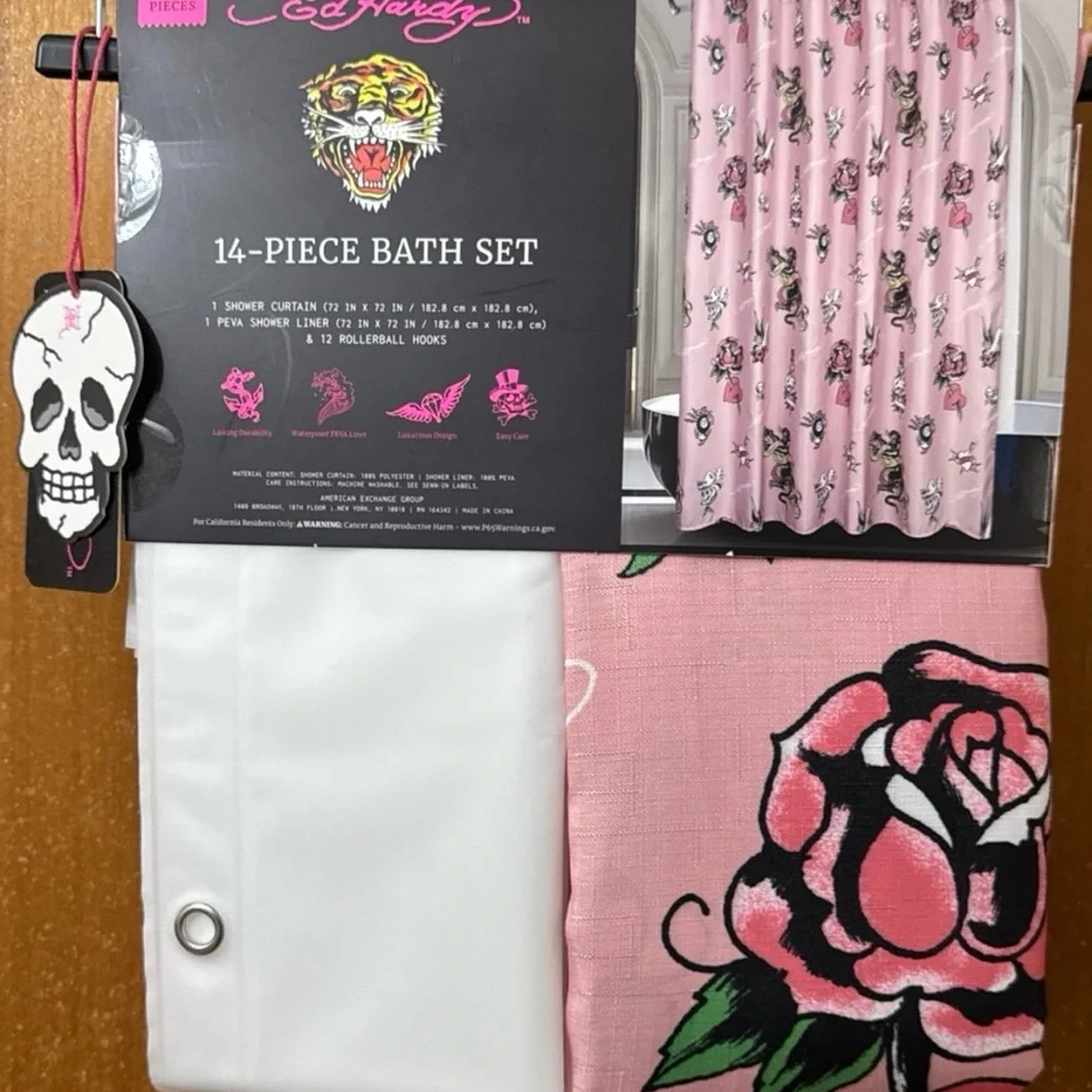 New Ed Hardy 8 Ball Jaguar Shower Curtain Set 14 Piece w/ Hooks & Liner Gothic